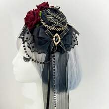 1 Stück Vintage Gothic Stil Rose Spitze Mini Hut, Lolita Stil Haarschmuck mit kleiner Kreuz Perlen Kette, Haarspange mit burgunderroter Blumen Deko für Partys, Kostümspiele, passend für Hochzeit, Ball und besondere Anlässe, exquisite Spitze
