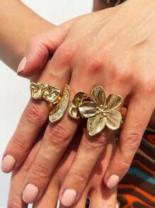 3pcs Fashionable Minimalist Floral & Geometric Rings, Suitable For Party, Gathering, Daily Wear, Golden Jewelry