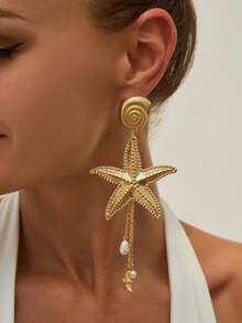 1 对波西米亚风格海洋元素金属海星和贝壳吊坠耳环，带不对称水晶珠流苏，适合女士，优雅珠宝，适合日常佩戴和度假