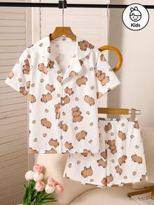 Cute Dolphin Printed Girl's 2 Pieces Pajama Set, Collar Button Short Sleeve Top And Loose Elastic Shorts, Casual Pajama Home Clothes - White - View 1