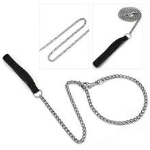 120CM Metal Chain Dog Lead With Leather Style Handle Strong Control Leash UK - Black - View 4