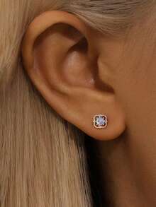 ESBERRY 1pair S925 Sterling Silver Skeletonized Clover Moonstone Stud Earrings Women Daily Wear Dating Gift Fine Jewellery Gift - Silver - View 1