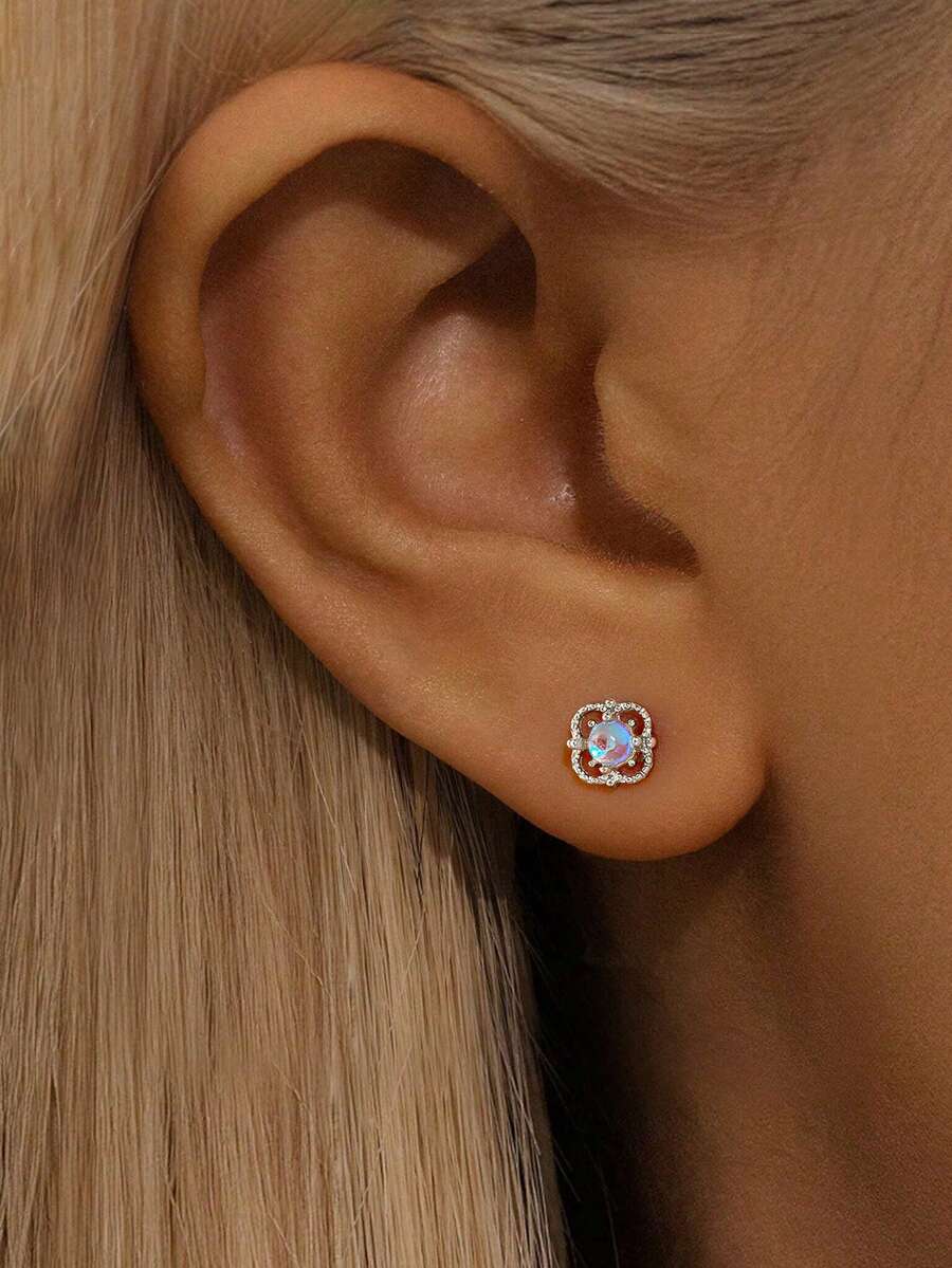 ESBERRY 1pair S925 Sterling Silver Skeletonized Clover Moonstone Stud Earrings Women Daily Wear Dating Gift Fine Jewellery Gift - Silver - View 1