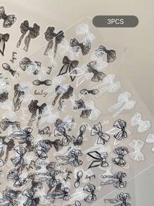 1/3pcs New Japanese Hand-Painted Ribbon Black And White Bow Nail Art Lace Waterproof Retro Black Bow Versatile French Nail Art, Used For Nail Decoration Nail Art Stickers With Self-Adhesive Backing