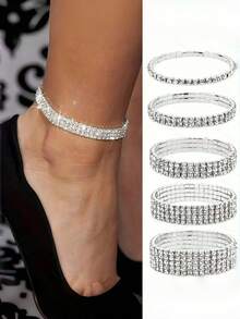 Stylish Minimalist Women Fully Rhinestoned Anklet, Super Shiny Elastic 1-5 Rows Anklets Bracelet For Birthday Wedding Party Accessories - Silver - View 11