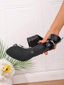 Sandalias de verano con textura de cocodrilo y bloque de color estilo europeo y estadounidense - Sandalias de tacón súper alto con puntera abierta y hebilla, sexy, talla grande