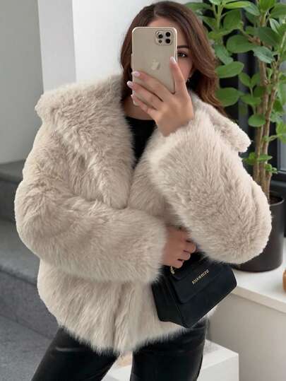 Seelio Autumn/Winter New Thick Faux Fur Collar Faux Fur Lined Mid-Length Fashionable Fur Effect Short Coat