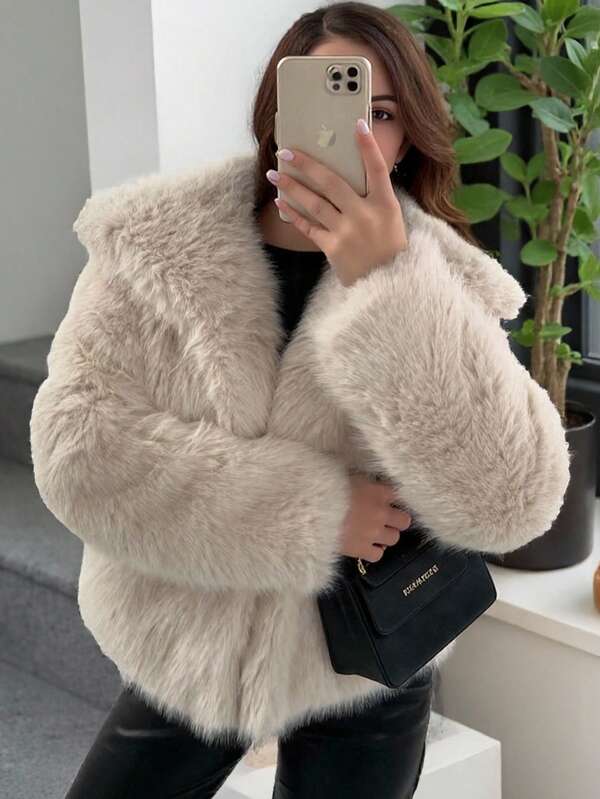 Seelio Autumn/Winter New Thick Faux Fur Collar Faux Fur Lined Mid-Length Fashionable Fur Effect Short Coat