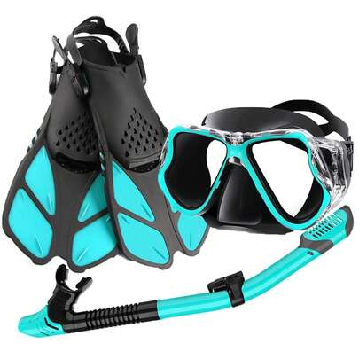 Snorkeling Gear For Adults, Mask Fins Snorkel Set With Panoramic View Mask, Dry Top Snorkel, Adjustable Swim Fins, Mask Snorkel Fins Combo Set, Adults Snorkel Gear For Swimming Snorkeling (Blue)