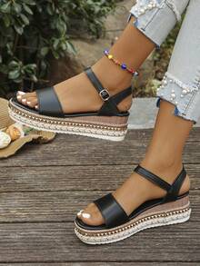 planare Women's Fashion Elegant Black Round Toe Platform Sandals, Suitable For Casual, Party, Dating, Daily Commute, Easy Slip-On Stable Wedge Heel Design, Stylish Wedge Sandals - Black - View 2