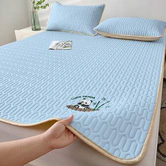 1 件熊猫印花凉爽床上用品 - 可折叠、可机洗透气乳胶床垫罩，轻质夏季床罩，适用于所有床垫，蓝色，带可爱熊猫设计，便携式床罩 | 六角形图案罩 | 透气面料
