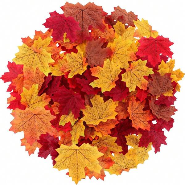 100pcs-Autumn Artificial Maple Leaves ,Thanksgiving Autumn Plastic Leaves For Wedding Party Table Decoration, Garden Decoration, Autumn Decoration Aisle, Multi-Color, Christmas (Note: Colors Shipped Randomly)