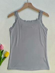 Women Lace Floral Camisole, Lace Patchwork Camisole Top, Casual Solid Color Camisole, Women Sleeveless Lace Trim Solid Color Round Neck Camisole - Grey - View 5