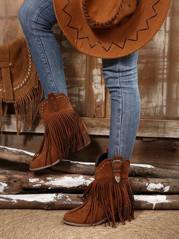 Bottes mi-mollet Western pour femmes, style bohème à talons épais, bout rond, franges et rivets. Bottes Western  rétro d'1 pièce seul tenant, avec incrustation de rivets et patchwork mode