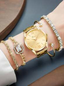 5pcs/Set Women's Luxury Quartz Analog Watches With Diamond Bracelet, Elegant Minimalist Style (No Box Included)