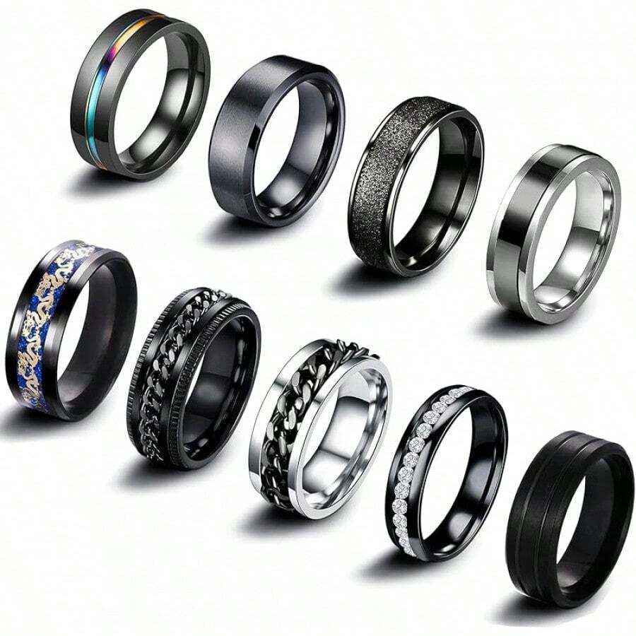 Set de 9 anillos giratorios de acero inoxidable para aliviar la ansiedad - Negro - Ver 1