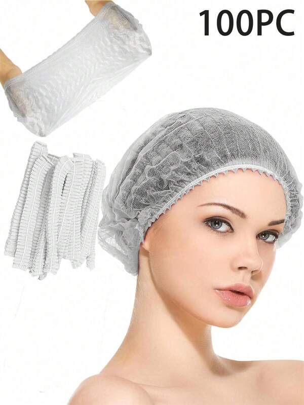100pcs Disposable Bouffant Hair Caps, Non-Woven Shower Caps, Suitable For Food Service Workers, Salons, Kitchens