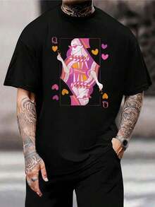 Camiseta gráfica Reina de Corazones - Moda vintage, talla grande para mujer - Diseño adorable de juego de cartas - Camiseta de algodón suave, manga corta - Perfecta para un estilo casual callejero, ¡ideal para regalo! - Negro - Ver 1