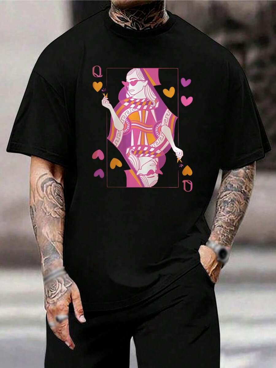 Camiseta gráfica Reina de Corazones - Moda vintage, talla grande para mujer - Diseño adorable de juego de cartas - Camiseta de algodón suave, manga corta - Perfecta para un estilo casual callejero, ¡ideal para regalo! - Negro - Ver 1
