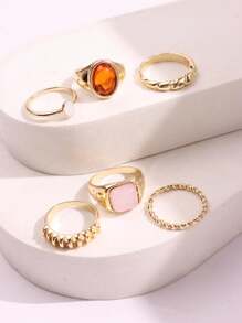 6 pièces/set Bague en pierre géométrique scintillante unique, élégante et minimaliste de luxe. Bijou pour femmes