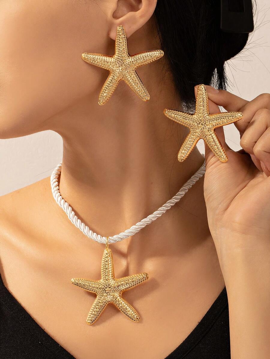 3pcs/Set Summer Ocean Style Starfish/Hollow Out Heart/Shell Chain Necklace+Stud Earrings, Casual Versatile Adolescent Jewelry Set,For Adolescent&Teen Girls Girls Daily Decoration, Summer Vacation, Travel Beach Party, Music Festivals Adolescent - Gold - View 1