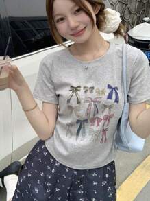 Butterfly Print Crew Neck Cinched Waist Short Cropped T-Shirt