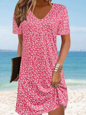 Spring/Summer Fashion New Fashionable Lightweight Elegant Loose Casual Vacation Dress, Versatile Ditsy Floral Short Sleeve Long Dress, Suitable For Work, Home, Travel