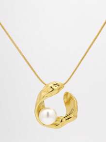 1pc Fashionable Stainless Steel Geometric Pearl Decorated Necklace, Suitable For Summer Beach Daily Wear And Holidays