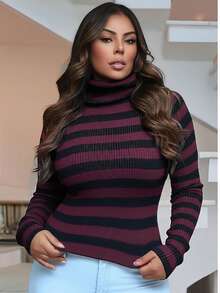Plus Size Cold Knit Cacharrel Blouse Thick Stripes High Neck Women's - 黑色與葡萄酒 - 查看 2