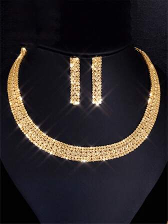 2pcs Fashionable & Elegant Gold-Tone Rhinestone Jewelry Set
