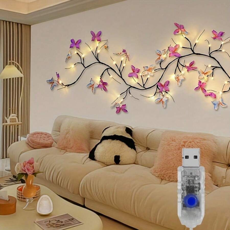 1pack 1.3m/51.18inch 30 LED Charming Willow Vine Branch Lights With Blue And Purple Butterfly USB Powered For Home Table Wall Holiday Indoor Party Wedding Patio Living Room Decoration