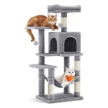 Albero per Gatti Alto 112 cm, Tiragraffi per Gatti, con 4 Pali Graffiatoi, 2 Posatoi, 1 Grotta, 1 Amaca, 2 Pompon, in Peluche a Più Livelli,  Grigio Chiaro - Grigio Chiaro - Visualizzare 3