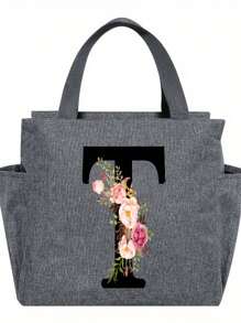 1pc Elegant Floral & Letter Tote Bag - Insulated Lunch Bag, Made Of Durable Polyester, Grey With Pink Flowers & Green Leaves, Suitable For Office, School And Outdoor Picnic