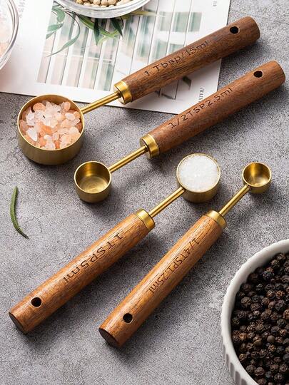 4pcs Measuring Cup & Spoon Set, Stainless Steel With Wooden Handle, Stackable, Kitchen Tools For Baking, Cooking, Dry & Wet Ingredients Measurement