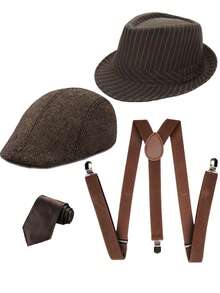 D EXCEED 3/4 件 1920 年代服装配饰套装，适合男女报童帽和曼哈顿软呢帽、后背带和领带，男士咆哮 20 年代套装，适合“了不起的盖茨比”主题派对男士 1920 年代礼物万圣节