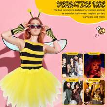 4/5 Stücke Bienen Kostüm für Erwachsene Frauen, gelbe Bienen Kopfbänder mit Antennen, transparente Flügel, gelber Tüllrock, gestreifte Stulpen Socken und Handschuhe für Karneval, Ostern Tier Cosplay Party Kostüme