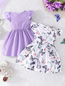 2pcs/Set Baby Girls Cap Sleeve Butterfly Print & Solid Ribbed Simple Cute Outfits, Spring/Summer - Mauve Purple - View 3