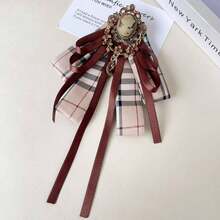 Vintage Victorian Beauty Embossed Plaid Satin Multi-Layer Ruffle Bow British Academy Style Shirt Accessory - Coffee Brown - View 7