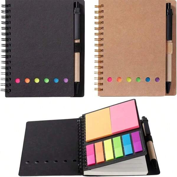 Carnet de notes en spirale unisexe, 70 pages, 1 stylo (couleur aléatoire), avec porte-stylo intégré, mini carnet à couverture rigide avec étiquettes d'index de couleur, convient pour le travail, la prise de notes et les fournitures scolaires, rentrée des classes