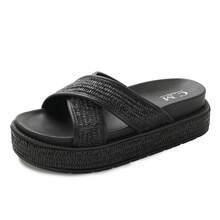 calcena Women's Platform Slide Sandals With Crossed Woven Straps – Lightweight And Cushioned Design For Summer Walks, Casual Outings, And Vacation Wear - Black - View 1