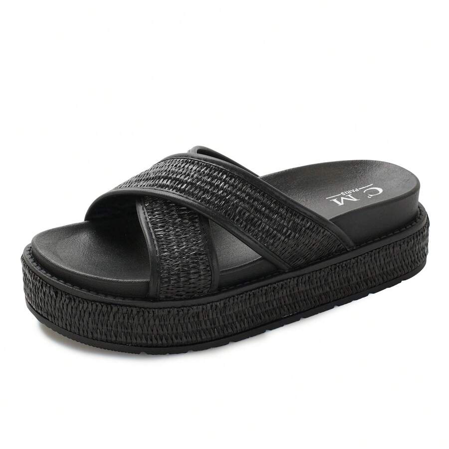 calcena Women's Platform Slide Sandals With Crossed Woven Straps – Lightweight And Cushioned Design For Summer Walks, Casual Outings, And Vacation Wear - Black - View 1