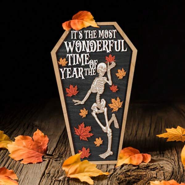 1pc Ghost Farm House Halloween Wooden Sign, Cute & Funny Wooden Farmhouse Skeleton Coffin Fall Halloween Tabletop Signage For Tiered Tray Wreath Fireplace Centerpiece Decor