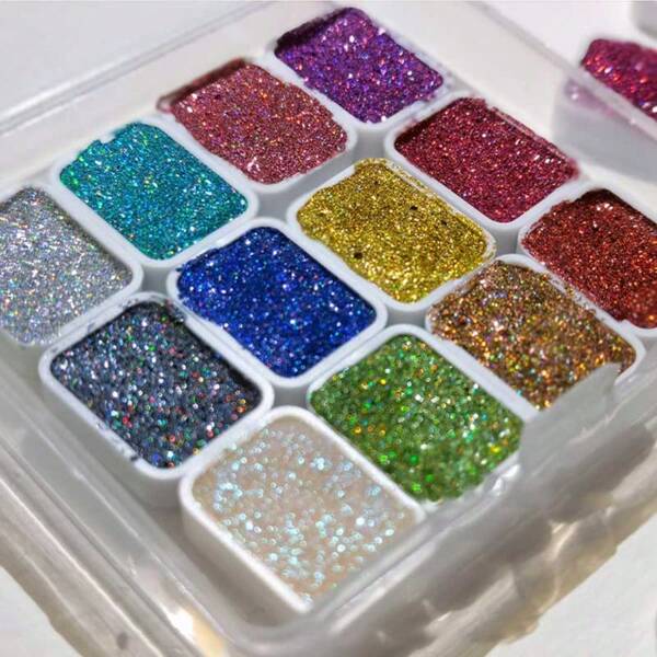 12-Color Laser Solid Pigment Holographic Gold Powder Color Painting, Can Be Used For Calligraphy, Painting, Watercolor Wrapping Flowers, Dyeing Nail Art Color Painting Color Glittering, Drying Without Losing Flash Powder, Color Lasting Bright, Suitable For Daily Painting, Suitable For Family Painting, Birthday Cards, Party,Back To School,School Supplies