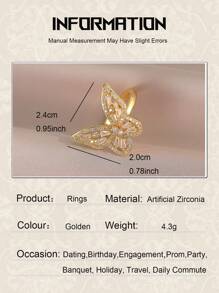1 pieza Anillo abierto de mujer con decoración de mariposa hueca con circonita cúbica, versátil, ideal para uso diario, decoración, vacaciones, viajes, compromiso y aniversario