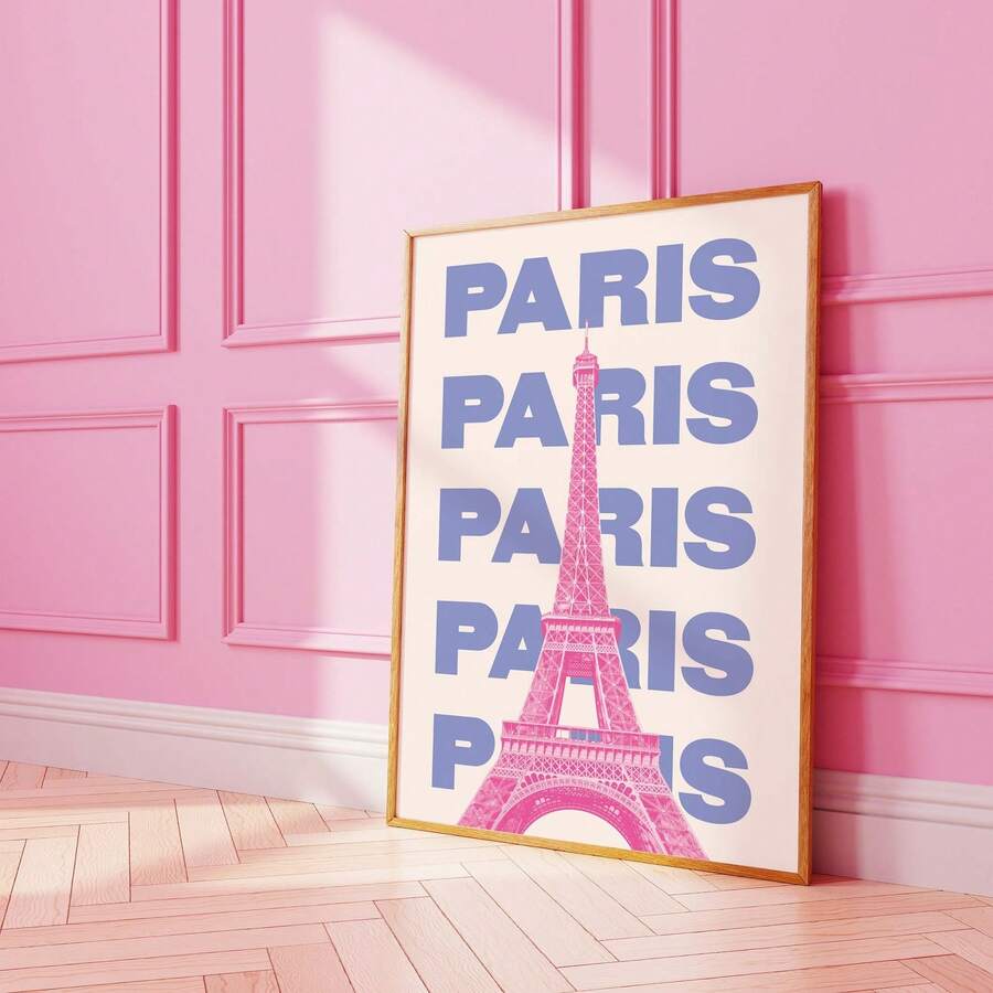 Frameless Parisian Resort-Style Wall Hanging – Featuring A Powder Blue Eiffel Tower Silhouette Paired With The Art Deco-Style Gradient French Phrase "(The Joys Of Living)" – Creates A Parisian Resort Atmosphere, Suitable For Bedrooms, Living Rooms, Studies, And Seaside Villas.