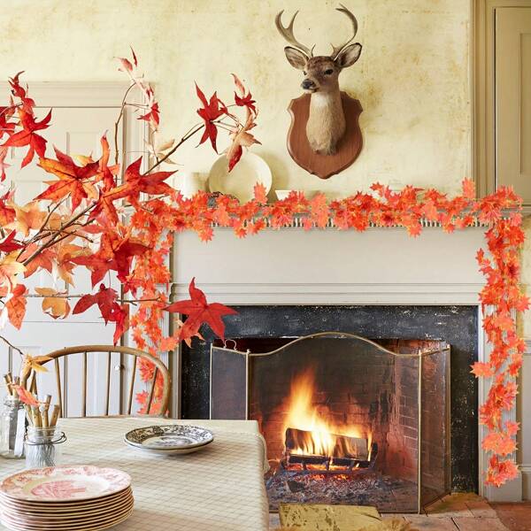 6/1 pieza Corona de hojas de maple de otoño, corona colgante de vid de maple de otoño, corona artificial de hojas de maple de otoño, decoración de Acción de Gracias, decoración de hogar, boda, chimenea