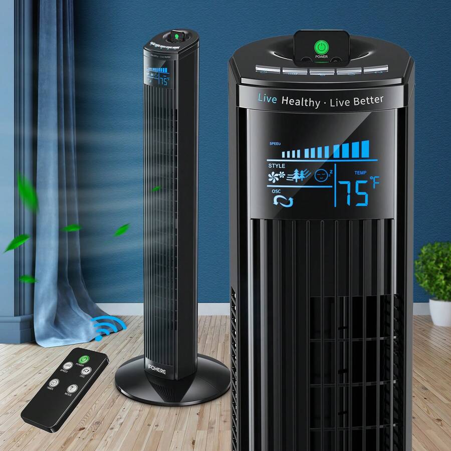 FOHERE Tower Fan, 36" Oscillating Tower Cooling Fan With Remote Control, 12-Hour Timer And Sleep Mode, Portable Stand Up Floor Bladeless Fan (Black) - US A Type Plug(110-127V) - View 1