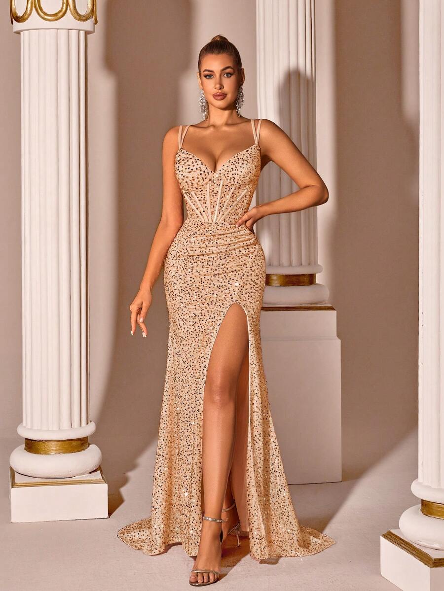 ADYCE 女士吊带深V领前开衩露背系带正式长裙，适合派对、盛会、正式晚宴、婚礼宾客、毕业典礼等场合，优雅正式，亦可作为圣诞派对礼服或感恩节服装。 - 香檳色 - 查看 1