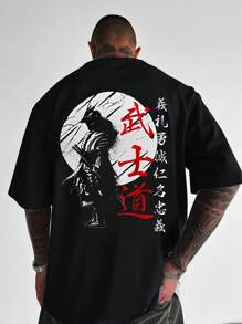 Camiseta casual de manga corta con cuello redondo y estampado gráfico de samurái, talla grande, para verano