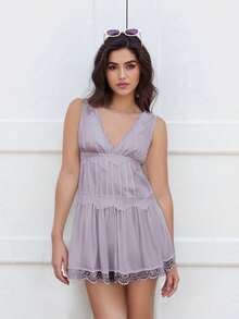 Women's Mini Dress Stylish Solid Lace Trim V Neck Sleeveless A Line Dress For Summer Spring